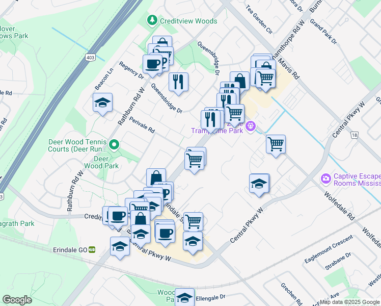 map of restaurants, bars, coffee shops, grocery stores, and more near Perivale Road & Burnhamthorpe Trail in Mississauga
