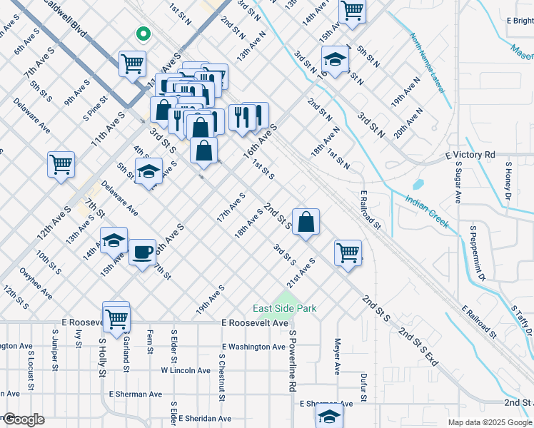 map of restaurants, bars, coffee shops, grocery stores, and more near 204 18th Avenue South in Nampa