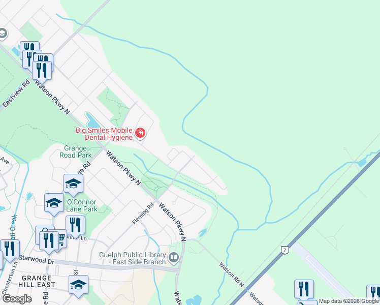 map of restaurants, bars, coffee shops, grocery stores, and more near 54 Marshall Drive in Guelph