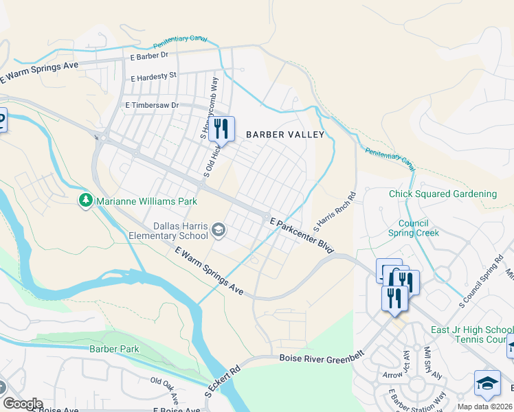 map of restaurants, bars, coffee shops, grocery stores, and more near 4314 East Parkcenter Boulevard in Boise