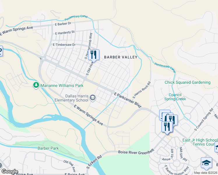 map of restaurants, bars, coffee shops, grocery stores, and more near 4314 East Parkcenter Boulevard in Boise