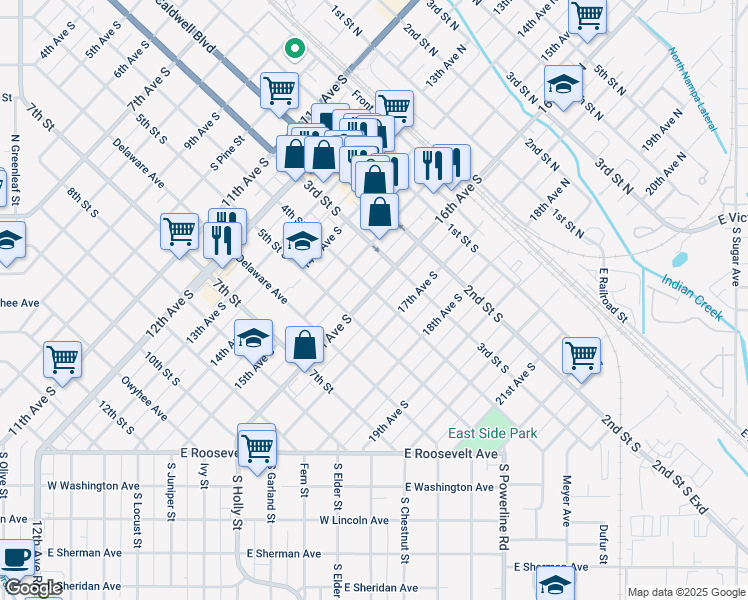 map of restaurants, bars, coffee shops, grocery stores, and more near 413 16th Avenue South in Nampa