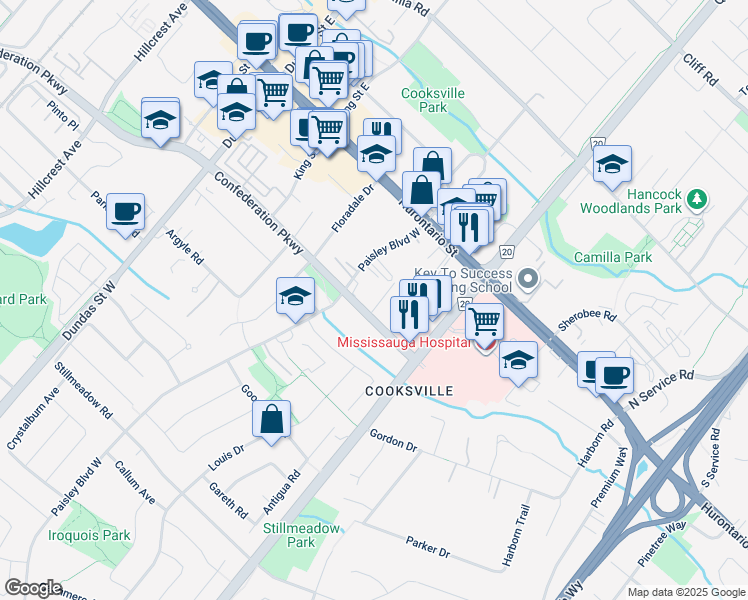 map of restaurants, bars, coffee shops, grocery stores, and more near 2365 Confederation Parkway in Mississauga