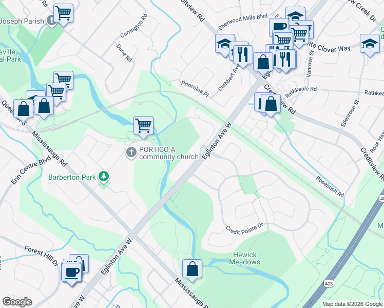 map of restaurants, bars, coffee shops, grocery stores, and more near 1569 Barbertown Road in Mississauga