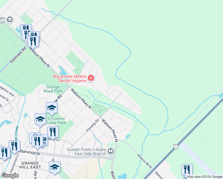 map of restaurants, bars, coffee shops, grocery stores, and more near 22 Marshall Drive in Guelph