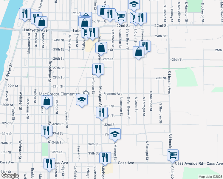 map of restaurants, bars, coffee shops, grocery stores, and more near 1706 South Monroe Street in Bay City