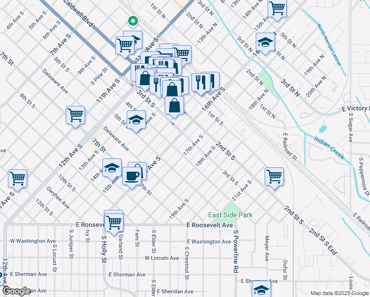 map of restaurants, bars, coffee shops, grocery stores, and more near 315 17th Avenue South in Nampa