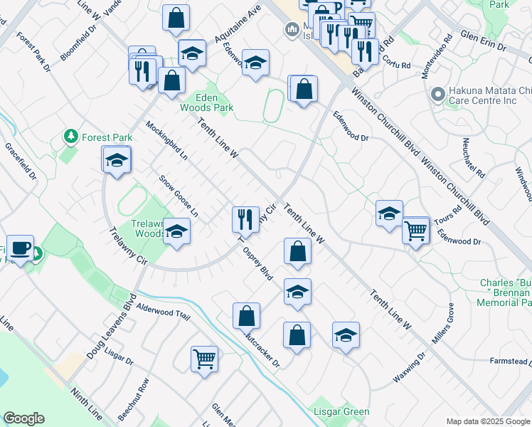 map of restaurants, bars, coffee shops, grocery stores, and more near 3232 Trelawny Circle in Mississauga