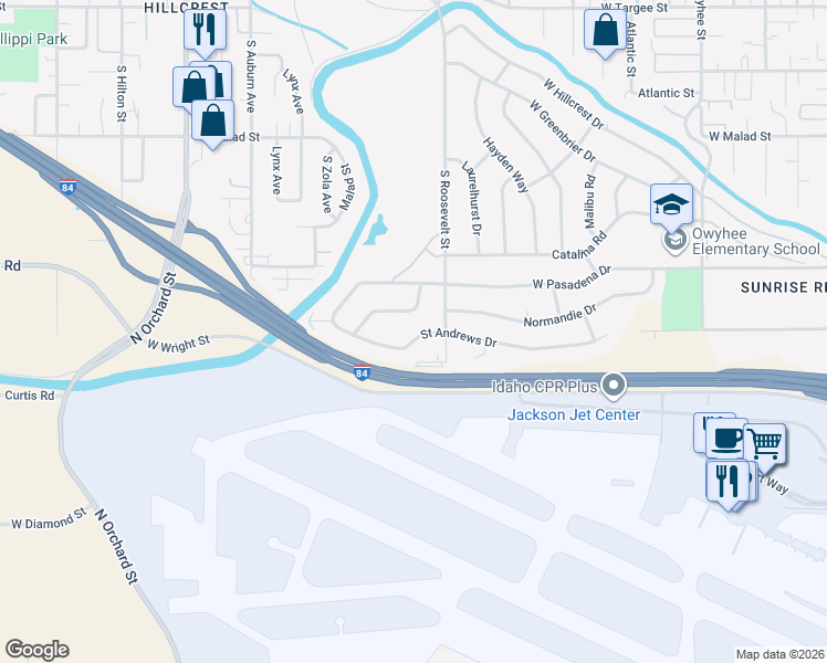 map of restaurants, bars, coffee shops, grocery stores, and more near 4230 Saint Andrews Drive in Boise