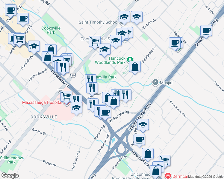map of restaurants, bars, coffee shops, grocery stores, and more near 2145 Sherobee Road in Mississauga