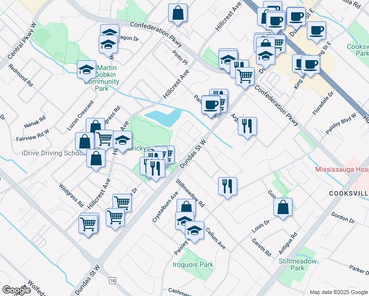 map of restaurants, bars, coffee shops, grocery stores, and more near 3030 Breakwater Court in Mississauga