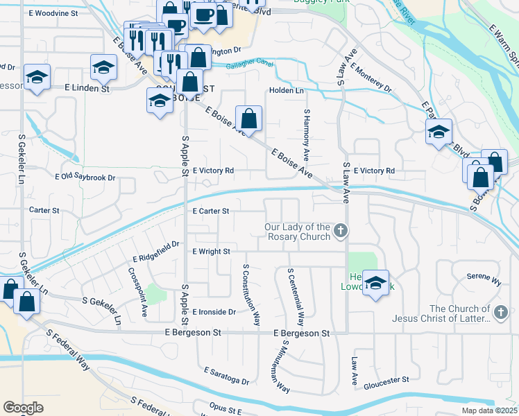 map of restaurants, bars, coffee shops, grocery stores, and more near 1176 East Carter Street in Boise