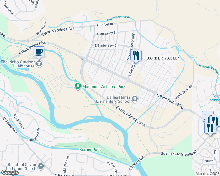 map of restaurants, bars, coffee shops, grocery stores, and more near 3025 South Honeycomb Way in Boise