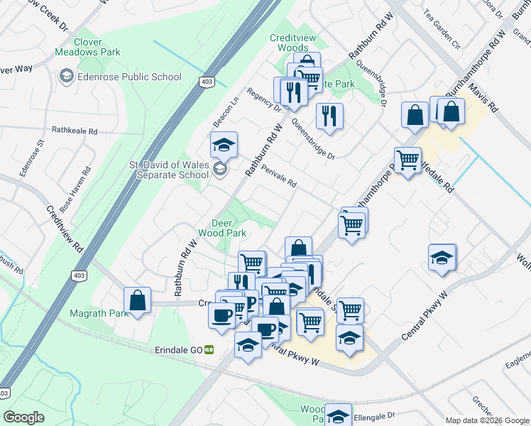 map of restaurants, bars, coffee shops, grocery stores, and more near 4251 Lastrada Heights in Mississauga