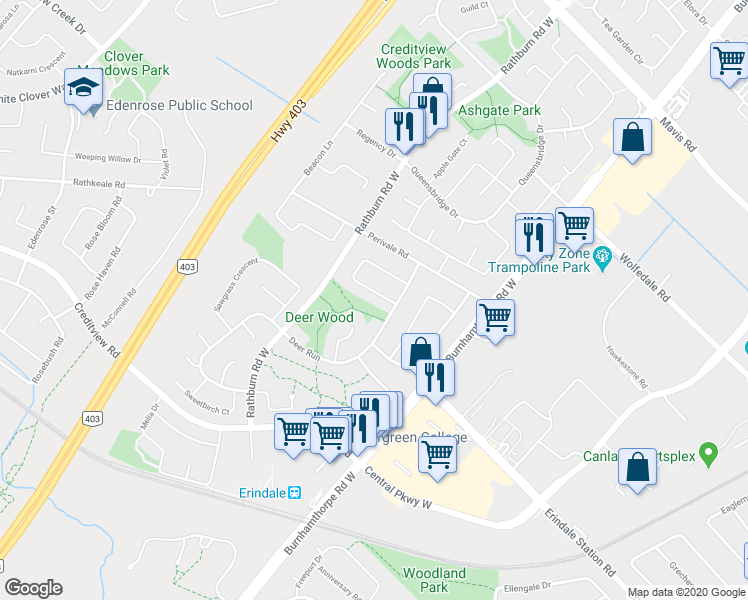 map of restaurants, bars, coffee shops, grocery stores, and more near 4251 Lastrada Heights in Mississauga