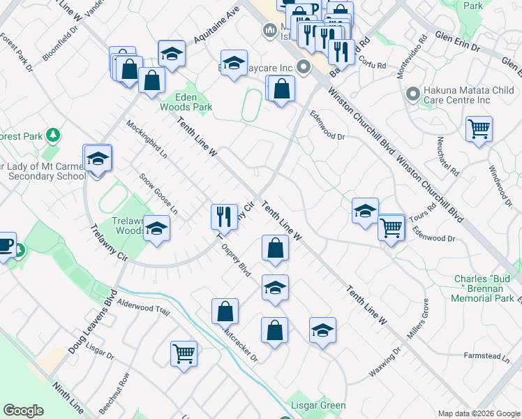 map of restaurants, bars, coffee shops, grocery stores, and more near 3223 Trelawny Circle in Mississauga