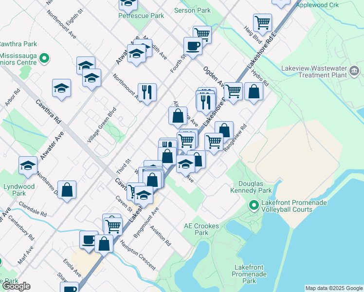 map of restaurants, bars, coffee shops, grocery stores, and more near in Mississauga
