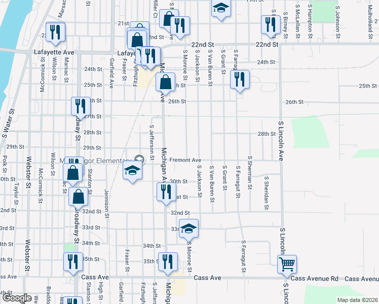 map of restaurants, bars, coffee shops, grocery stores, and more near 1706 South Monroe Street in Bay City