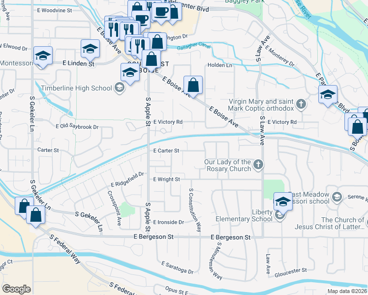 map of restaurants, bars, coffee shops, grocery stores, and more near 1032 East Carter Street in Boise