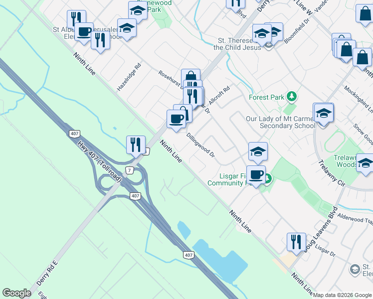 map of restaurants, bars, coffee shops, grocery stores, and more near 3920 Zenith Court in Mississauga