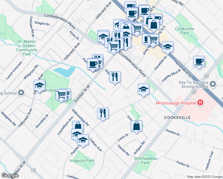 map of restaurants, bars, coffee shops, grocery stores, and more near 2542 Argyle Road in Mississauga