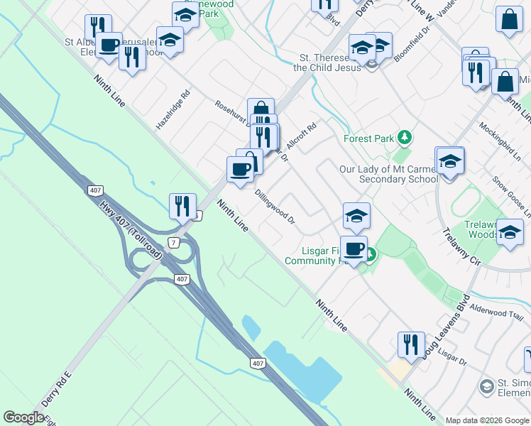 map of restaurants, bars, coffee shops, grocery stores, and more near 3957 Discovery Court in Mississauga