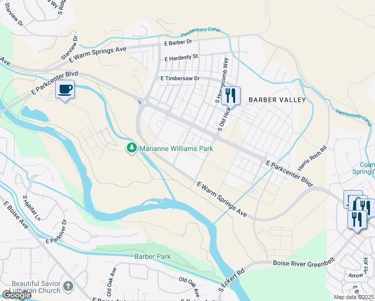 map of restaurants, bars, coffee shops, grocery stores, and more near 3025 South Honeycomb Way in Boise