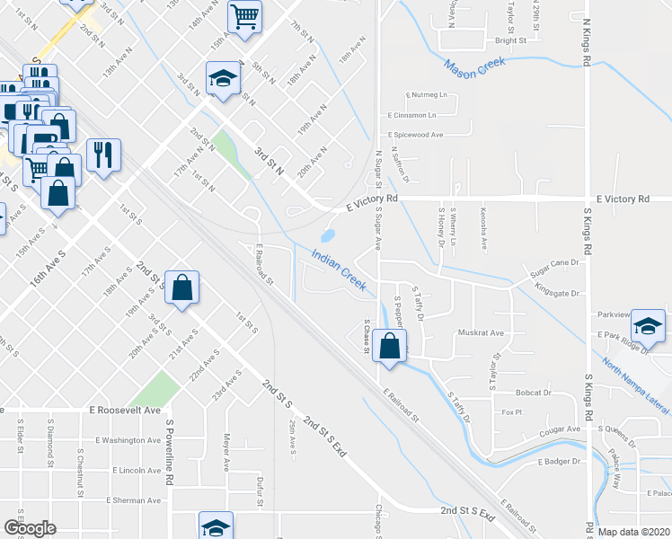 map of restaurants, bars, coffee shops, grocery stores, and more near 2106 East White Oak Court in Nampa