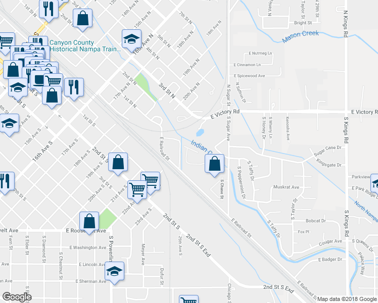 map of restaurants, bars, coffee shops, grocery stores, and more near 1963 East Shortline Drive in Nampa