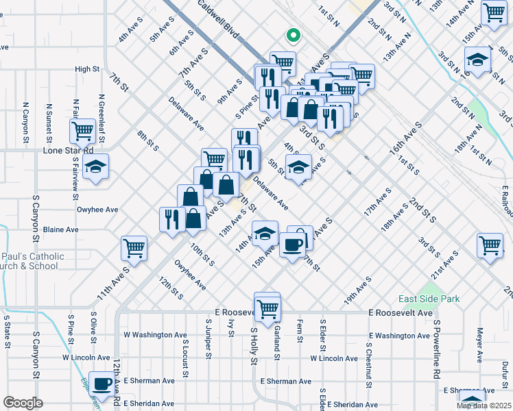 map of restaurants, bars, coffee shops, grocery stores, and more near 1311 6th Street South in Nampa
