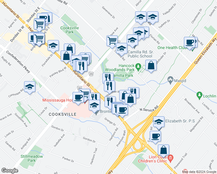 map of restaurants, bars, coffee shops, grocery stores, and more near in Mississauga