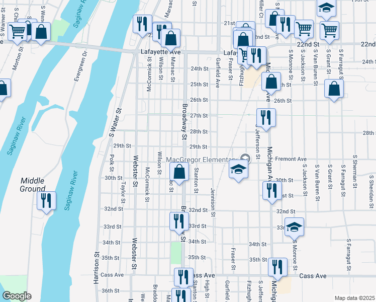 map of restaurants, bars, coffee shops, grocery stores, and more near 1403 Broadway Street in Bay City