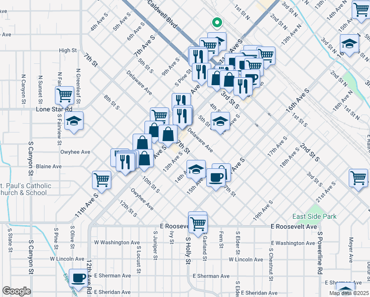 map of restaurants, bars, coffee shops, grocery stores, and more near 13th Avenue South in Nampa