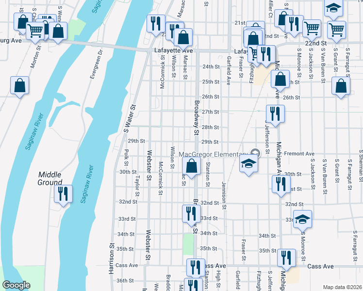map of restaurants, bars, coffee shops, grocery stores, and more near 1004 Marsac Street in Bay City