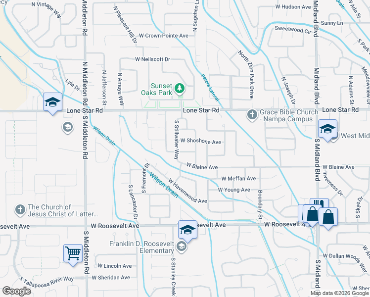 map of restaurants, bars, coffee shops, grocery stores, and more near 1818 West Owyhee Avenue in Nampa