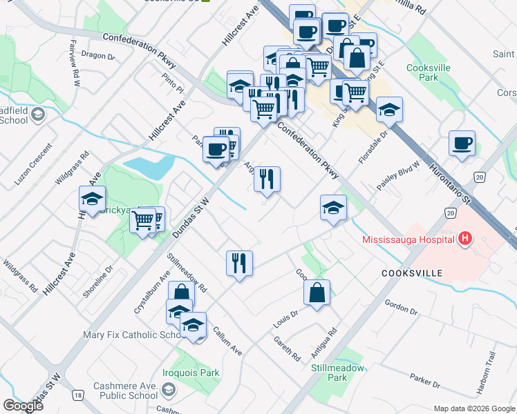 map of restaurants, bars, coffee shops, grocery stores, and more near 2542 Argyle Road in Mississauga