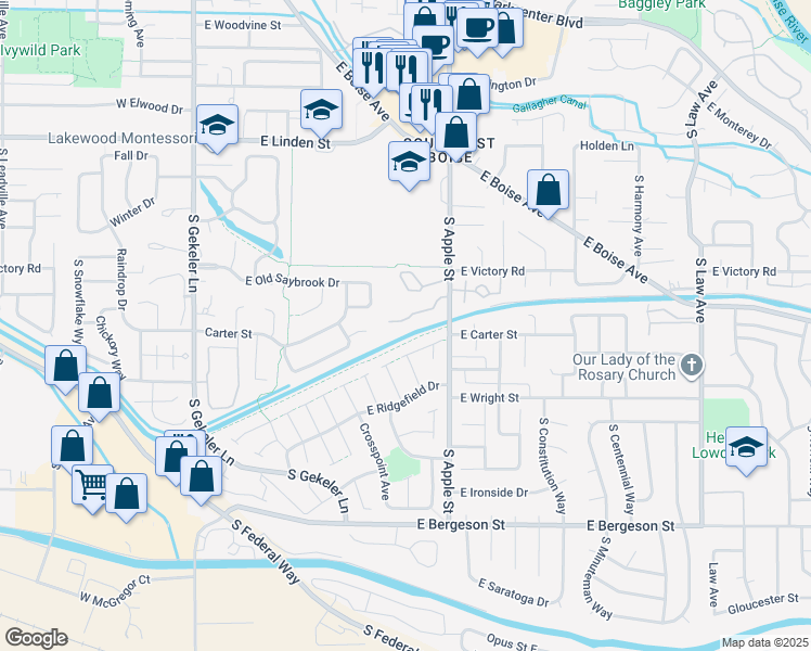 map of restaurants, bars, coffee shops, grocery stores, and more near 3161 South Apple Street in Boise