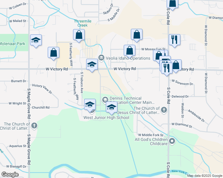 map of restaurants, bars, coffee shops, grocery stores, and more near 8201 West Victory Road in Boise