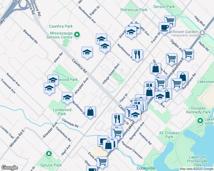 map of restaurants, bars, coffee shops, grocery stores, and more near 1109 Lower Village Crescent in Mississauga