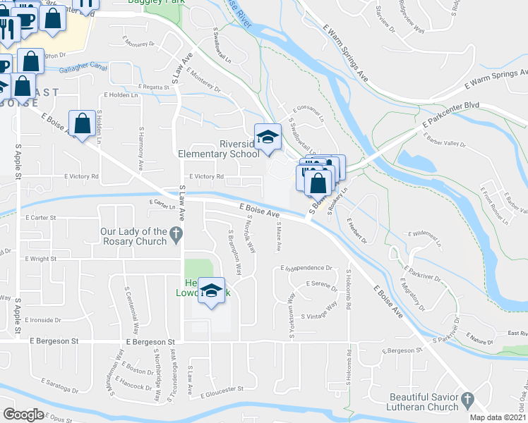 map of restaurants, bars, coffee shops, grocery stores, and more near East Boise Avenue in Boise