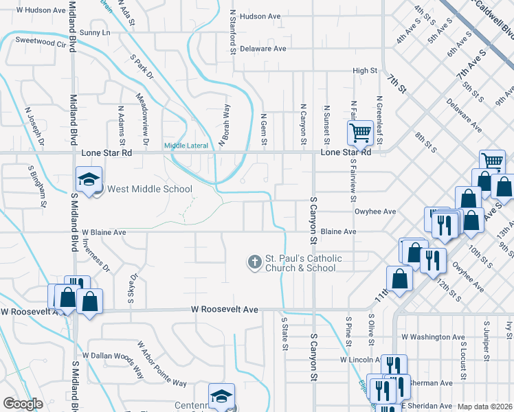 map of restaurants, bars, coffee shops, grocery stores, and more near 519 Shoshone Ave in Nampa