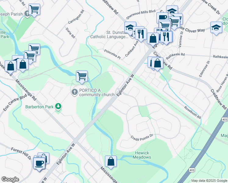 map of restaurants, bars, coffee shops, grocery stores, and more near 1569 Barbertown Road in Mississauga