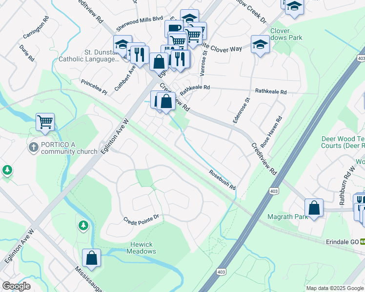 map of restaurants, bars, coffee shops, grocery stores, and more near 4839 Rosebush Road in Mississauga