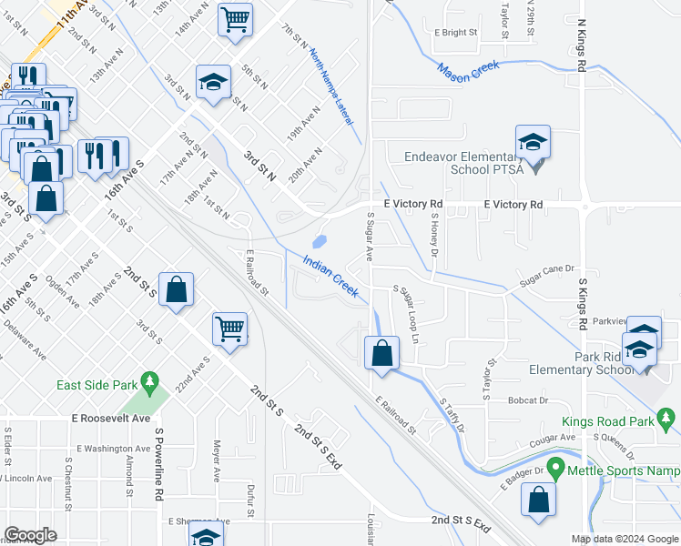 map of restaurants, bars, coffee shops, grocery stores, and more near 33 South Sugar Loop Lane in Nampa