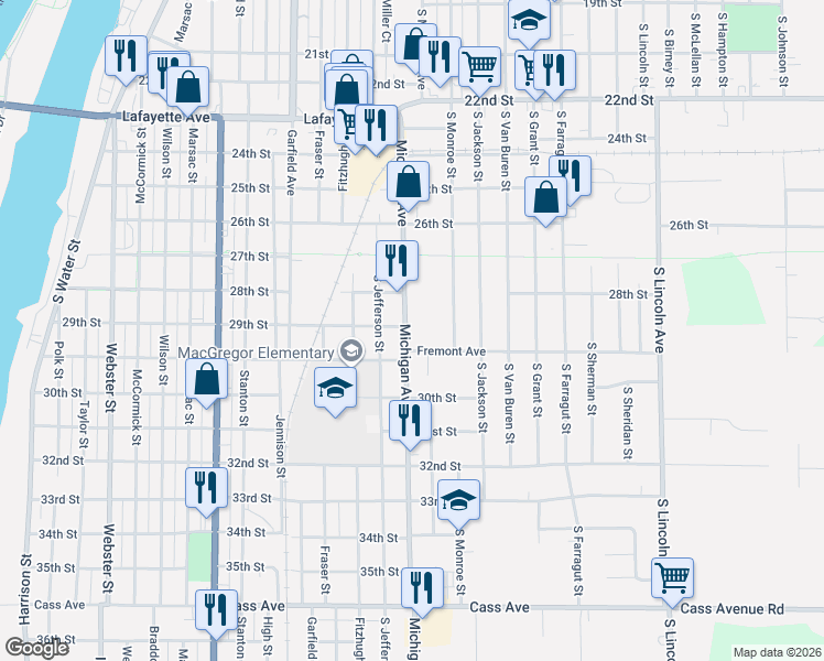 map of restaurants, bars, coffee shops, grocery stores, and more near 907 Michigan Avenue in Bay City