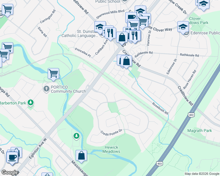 map of restaurants, bars, coffee shops, grocery stores, and more near 1451 Ravensmoor Crescent in Mississauga