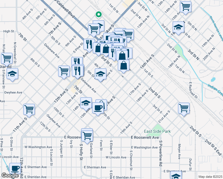 map of restaurants, bars, coffee shops, grocery stores, and more near 504 15th Avenue South in Nampa