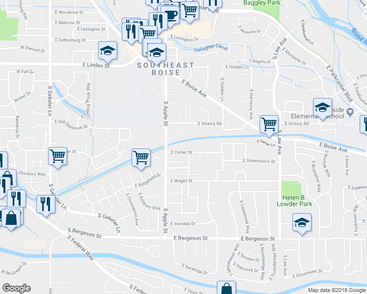 map of restaurants, bars, coffee shops, grocery stores, and more near 936 East Carter Street in Boise