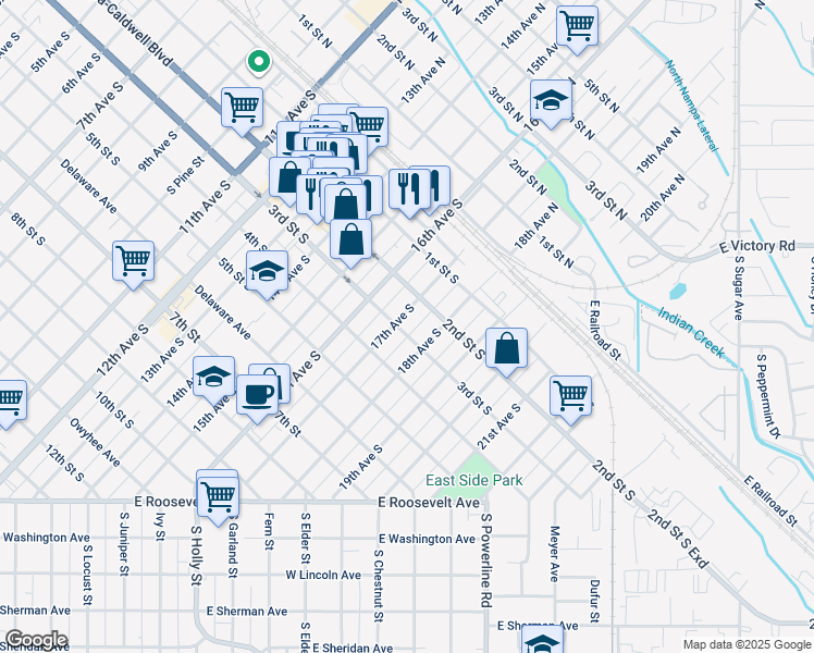 map of restaurants, bars, coffee shops, grocery stores, and more near 224 17th Avenue South in Nampa