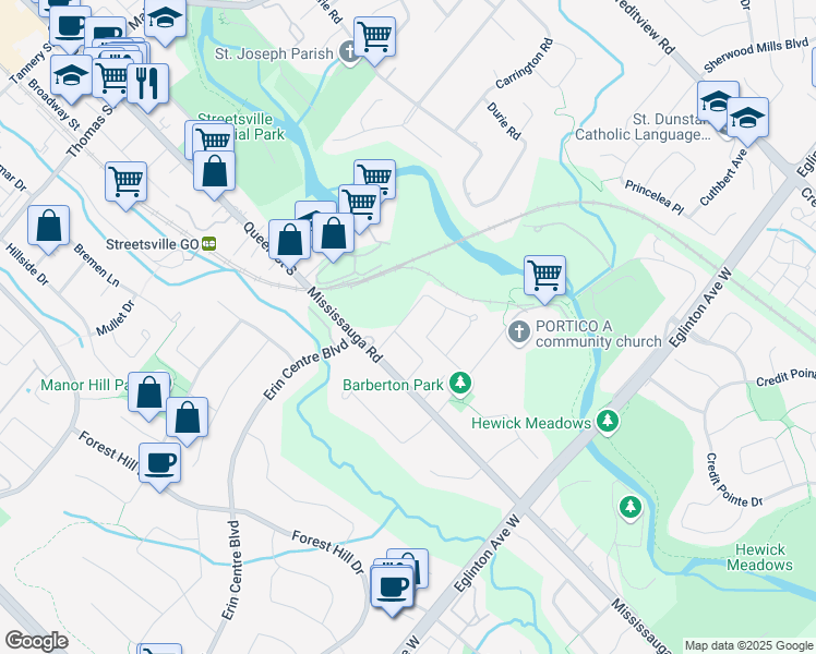 map of restaurants, bars, coffee shops, grocery stores, and more near 1884 Melody Drive in Mississauga